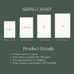Sizing chart for different paper sizes with product details on a green background