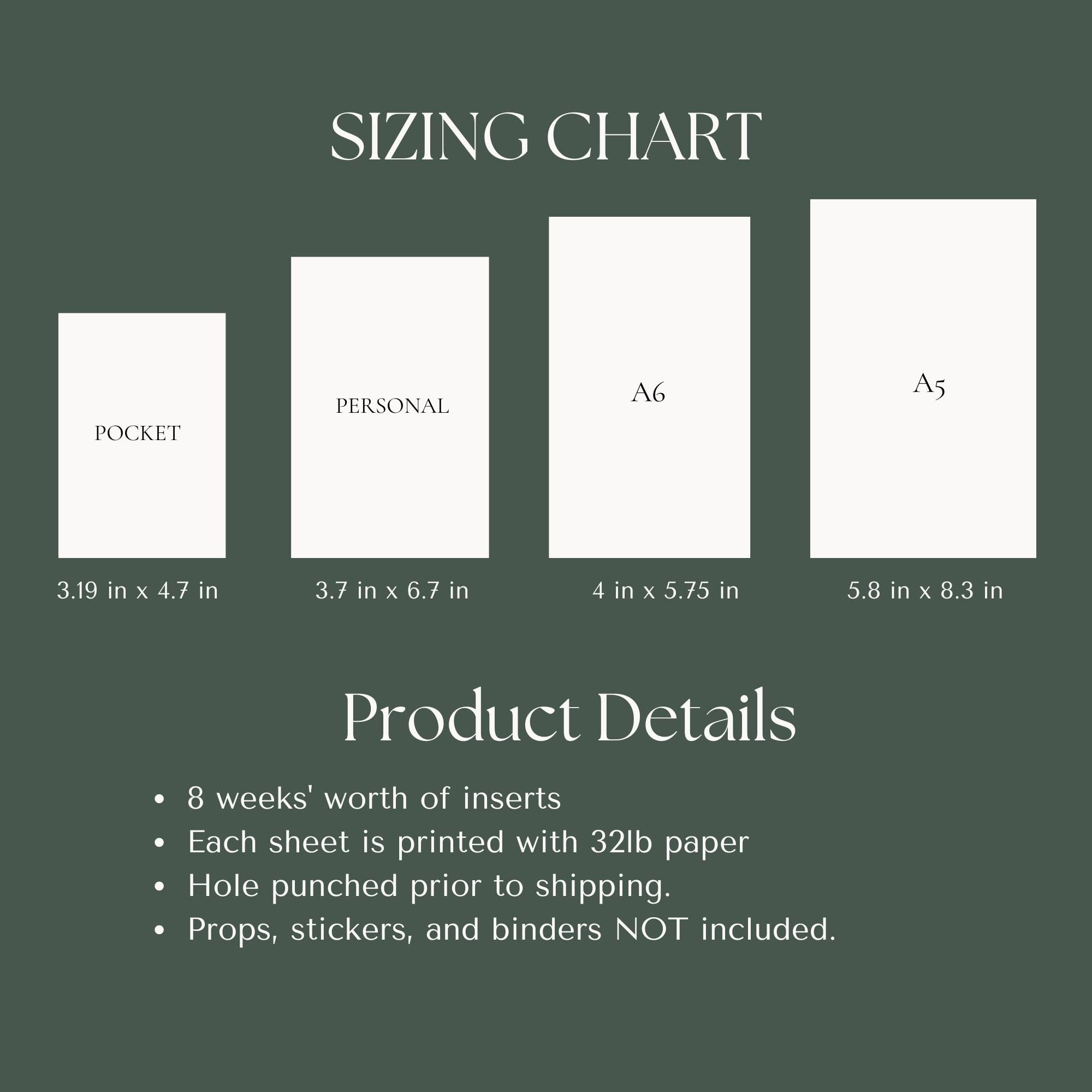 Sizing chart for different paper sizes with product details on a green background