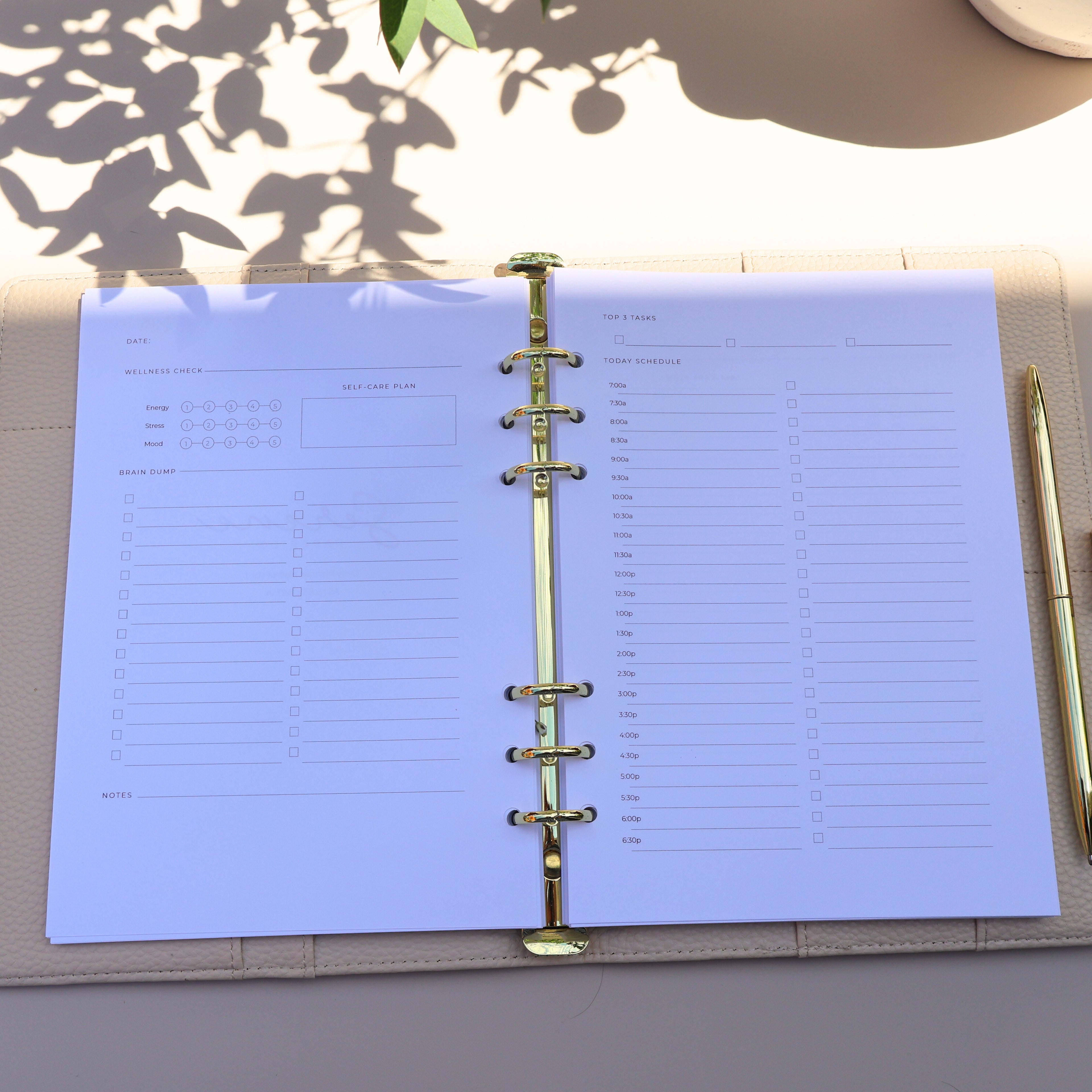 Open planner with blue pages on a light surface, with a pen and decorative item in the background.