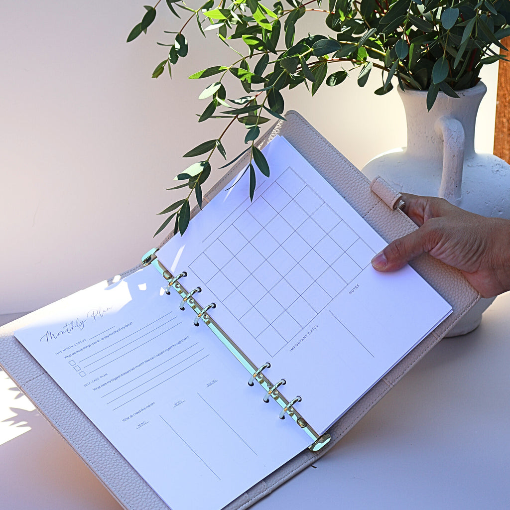 Undated Monthly Self-Care Planner Inserts – Minimal Layout, 12-Month Set