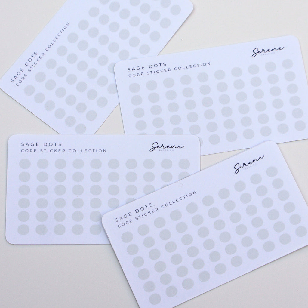 Five white cards with gray polka dots and 'Serene' branding on a light gray background