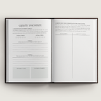 Open book with capacity assessment questionnaire on a white background