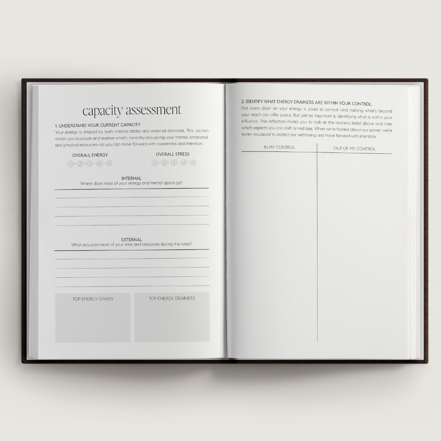 Open book with capacity assessment questionnaire on a white background