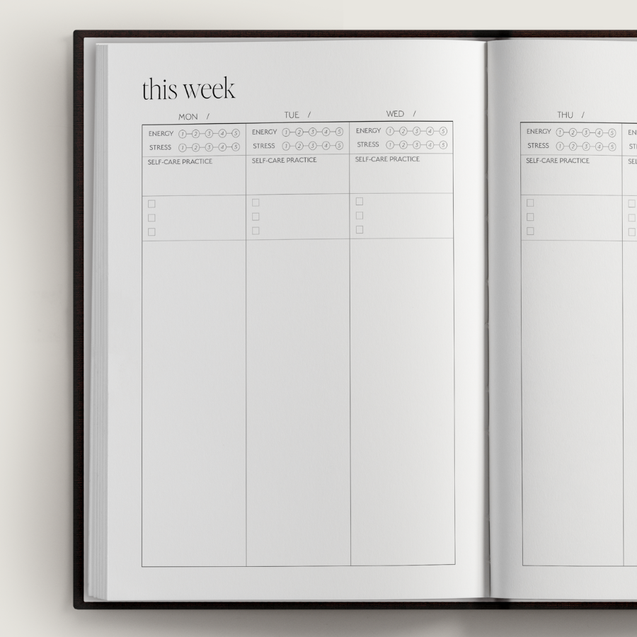 Open planner showing a weekly layout with checkboxes and text on a light gray background.