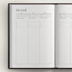 Open planner showing a weekly layout with checkboxes and text on a light gray background.