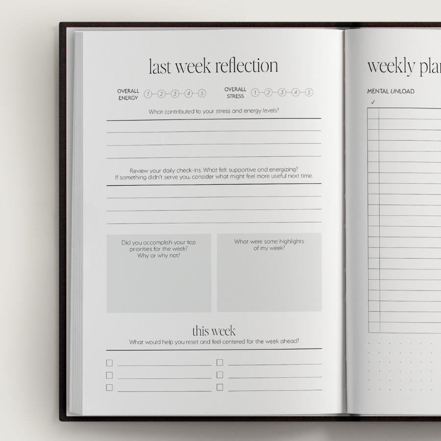 Open planner with reflection and weekly planning pages on a light gray background
