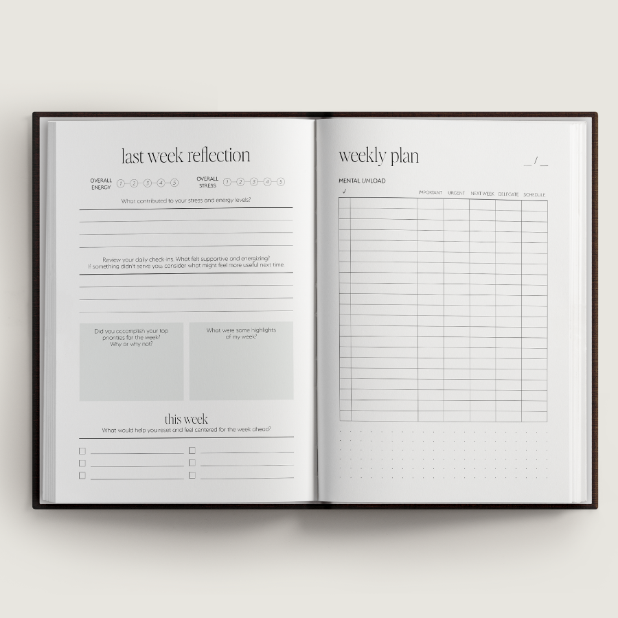 Open planner with 'last week reflection' and 'weekly plan' sections on a white background