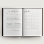 Open planner with 'last week reflection' and 'weekly plan' sections on a white background