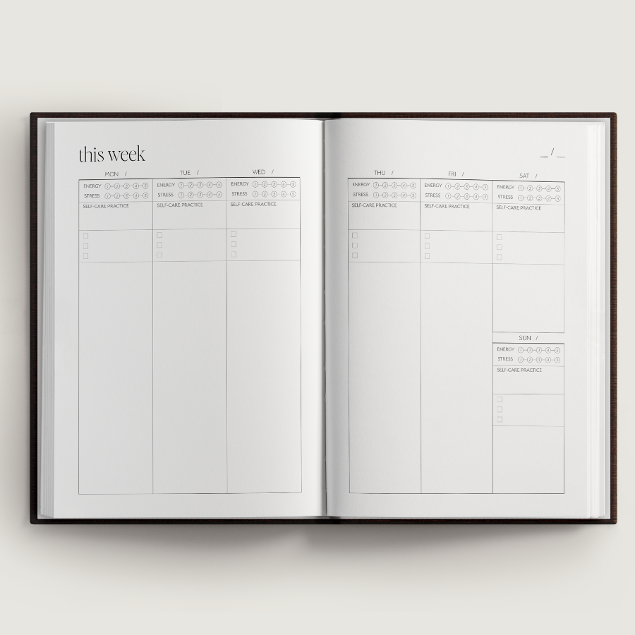Open planner with weekly schedule layout on a white background